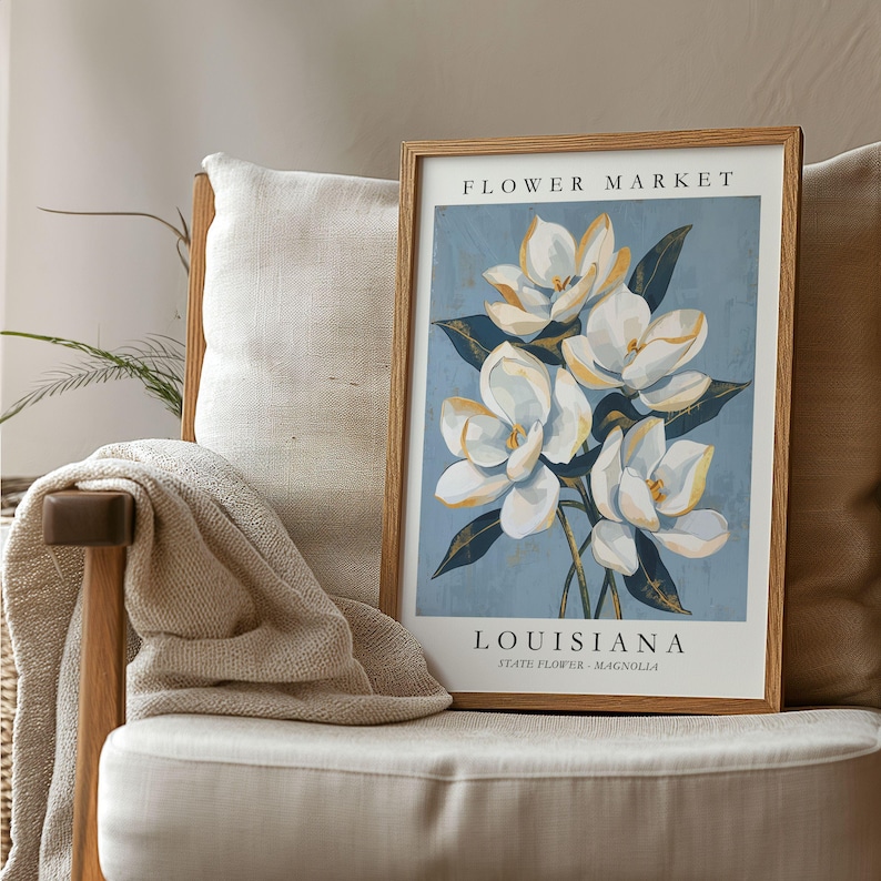 Louisiana Flower Market poster featuring the state flower Magnolia, elegant white blossoms with golden highlights and deep green leaves against a soft blue textured background in vintage botanical art style.