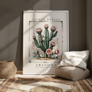 Arizona State Blumendruck, Saguaro-Kaktusblüte, Arizona-Blumenmarktplakat, Wüsten-botanische Wandkunst, südwestneutrale Pastellkunst
