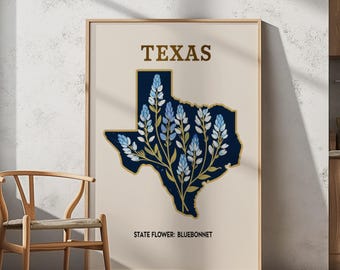 Stampa del mercato dei fiori del Texas, poster dei lupini del Texas, arte murale dello stato, poster botanico della mappa del Texas, decorazioni vintage con fiori selvatici, arte del sud