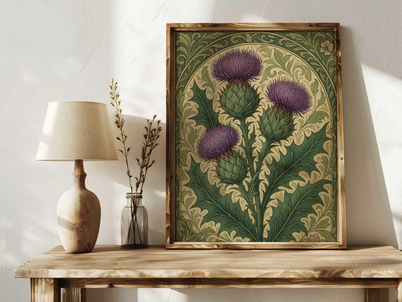 Scotland National Flower, Thistle Poster, Scotland Flower Market Art Print, Sage Green Wildflower Wall Art, William Morris Botanical Artwork