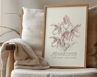 Tryck med Minnesota Flower Market, affisch med rosa och vita damtoffeln, vintageinspirerad väggkonst för statliga ändamål, neutralt konstverk med Minnesota Wildflowers