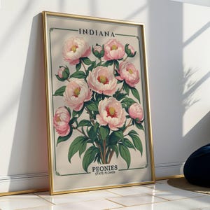 Impresión del mercado de flores de Indiana, arte mural de peonías, póster de la flor del estado de Indiana, impresión botánica floral rosa, decoración inspirada en jardines del Medio Oeste
