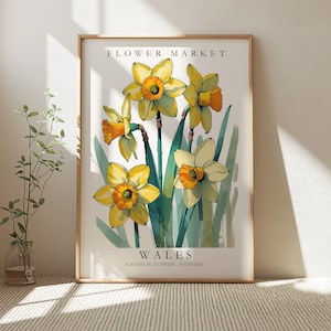 Wales Flower Market Print, Daffodil Wall Decor, Vintage Botanical Poster, Welsh Floral Art, Welsh Gifts, Welsh Poster, Daffodil Home Decor