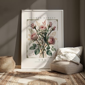 Impresión de flores nacionales de EE. UU., arte mural botánico de rosas vintage, póster floral de Estados Unidos, arte de rosas rosadas, póster del mercado de flores estadounidense