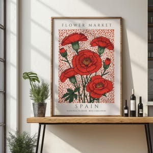 Spain Red Carnation Wall Art, Spanish Flower Market Print, Mediterranean Decor, Spanish Gifts, Red Carnation Artwork, Spain Floral Poster