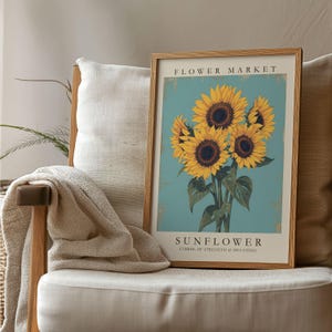 Sunflower Flower Market Print, Sunflower Art Print, Vintage Botanical Wall Art, Yellow Floral Poster, Sunflower Gift, Neutral Botanical Art
