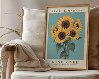 Sunflower Flower Market Print, Sunflower Art Print, Vintage Botanical Wall Art, Yellow Floral Poster, Sunflower Gift, Neutral Botanical Art