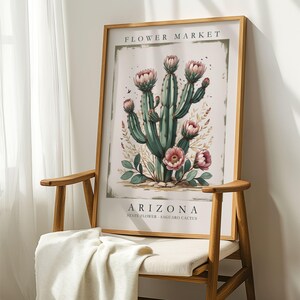 Impresión del mercado de flores de Arizona, impresión del cactus saguaro, póster botánico del desierto, regalo de decoración del suroeste, arte mural del estado de Arizona, obra de arte pastel