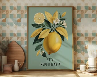 Italian Lemon Print, Mediterranean Kitchen Decor, Citrus Botanical Art