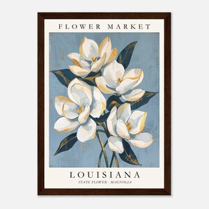 Louisiana Flower Market poster featuring the state flower Magnolia, elegant white blossoms with golden highlights and deep green leaves against a soft blue textured background in vintage botanical art style.
