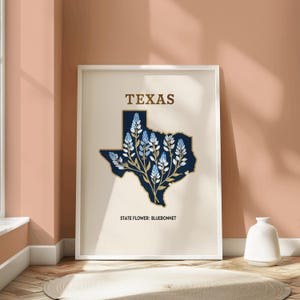 Texas Karte mit Bluebonnets Druck, Zustand Blumen Wandkunst, Texas Dekor, Wildblumen botanisches Poster, Texas Zustand Karte Silhouette