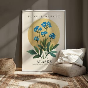 Alaska Flower Market Print, Forget-Me-Not State Wall Art, Blue Wildflowers Botanical Wall Decor, Vintage Floral Poster, Alaska Gift Idea