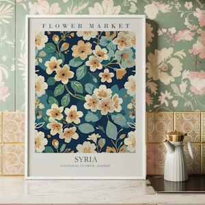 Syria Flower Market Print, Jasmine National Flower Poster, Middle Eastern Botanical Wall Art, Arabic Gift For Home, Islamic Wall Decor