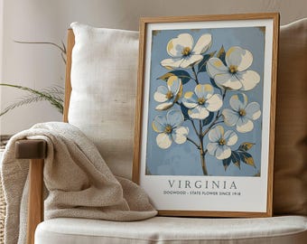 Virginia Flower Market Print, Dogwood Poster, Virginia State Wall Art, Vintage Botanical Poster, Southern Floral Wall Decor, Virginia Gift