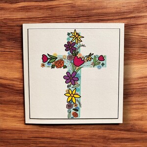Cartão em branco desenhado à mão com saudações florais de Páscoa - Cartão religioso com envelope - Cartão para igreja