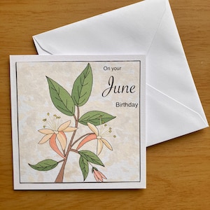 Tarjeta de cumpleaños en blanco hecha a mano con diseño floral para celebraciones del mes de junio - Tarjeta de felicitación con flores - Tarjeta de jardinero