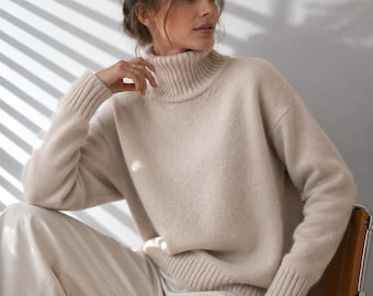 Hand-Knitted Angora Merino Turtleneck Sweater: Italian Yarn, S-M