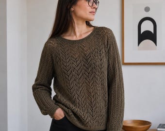 Organic Cotton Openwork Sweater – Handmade Olive Green Knit Pullover, Relaxed Fit M