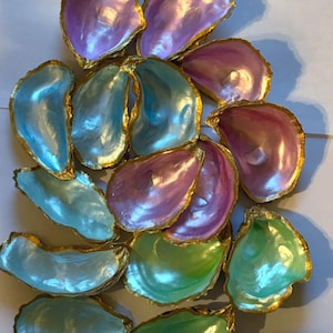May include: A collection of iridescent oyster shells in various colors, including blue, green, pink, and purple. Each shell has a gold-colored rim. The shells are arranged in a cluster, showcasing their unique textures and hues.