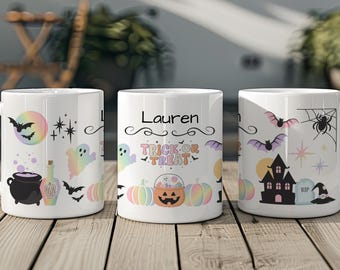 Personalized Pastel Rainbow Halloween Mug, Cute Colorful Ghosts, Bats, Pumpkins, Halloween Lovers Coffee Mug, Halloween Gift (11oz, 15oz)