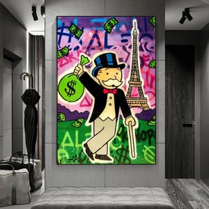 Decorazione murale in stile graffiti di Alec raffigurante l'uomo del Monopoli con un sacco di soldi e la Torre Eiffel su uno sfondo colorato per un arredamento urbano moderno.