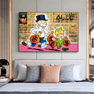 Alec Street Art Monopoly e Riche che corrono con sacchi di soldi Poster e stampe Dipinti su tela Quadri Arte murale Decorazione per la casa
