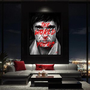 Scarface The World Is Yours Canvas Wall Art, Tony Montana Gangster Portrait Print, Urban Street Art Home Decor for Living Room or Office
