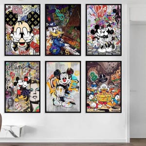 Set di graffiti da parete colorati con cartoni animati, raffiguranti Topolino, Paperino e Minnie, per la sala giochi, la cameretta dei bambini o per decorazioni ispirate alla cultura pop.