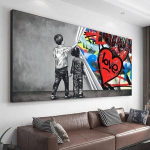 Graffiti Dziecko Odkryte Miłość Serce Czerwone Płótno Bansky Malarstwo Ścienne Obraz Sztuka Do Salonu