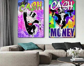 Alec Monopoly Style Cash Money Canvas Art Graffiti Wall Decor Modern Pop Art Prints Colorful Street Art for Office or Game Room