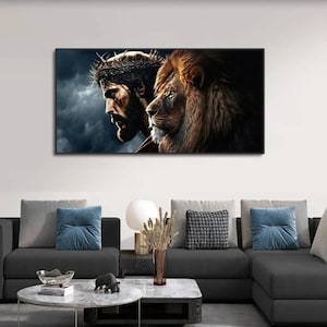 Lion of Judah Jesus Canvas Christian Wall Art Religious Artwork Faith Based Home Decor Spiritual Lion and Jesus Print