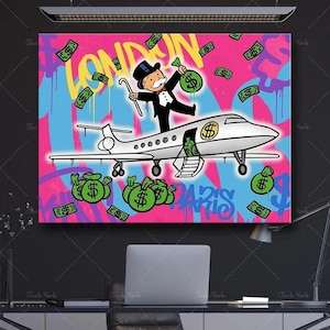Tela artistica con graffiti di lusso di Alec Monopoly raffigurante il signor Monopoly che lancia sacchi di soldi – Decorazione murale urbana audace per ufficio o sala giochi