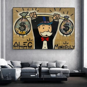 Alec Monopoly Rich Uncle Pennybags Graffiti Canvas Art Monopoly Money Bag Decorazione da parete Modern Urban Pop Art per ufficio o sala giochi