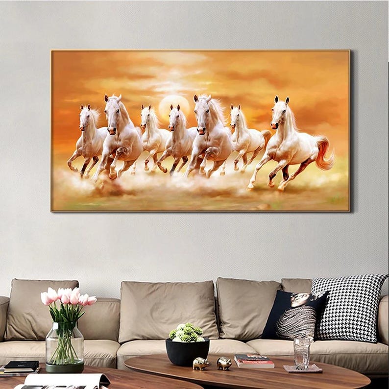 7 White Running Horses Canvas Painting Print Modern Wall Art Animal ...