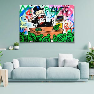 Alec Monopoly Boss Graffiti Wall Art su tela con sacchi di soldi e scrivania - Poster Pop Art colorato per l'ufficio o il soggiorno