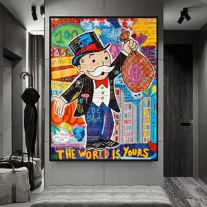Il mondo è tuo, tela artistica con graffiti del Monopoly – Decorazione murale in stile street con sacco di soldi e colori urban pop di Rich Uncle