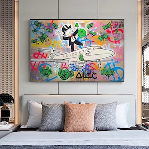 Tela da parete Pop Art con graffiti di Alec Monopoly e Rich Uncle Pennybags Jet Money Bags, decorazione colorata di Street Art per un soggiorno moderno.