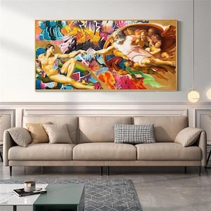 Creation of Adam Graffiti Wall Art Canvas Michelangelo Street Pop Art Colorful Urban Painting for Modern Home or Office