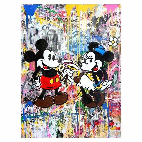 Banksy / Rency Mickey Mouse ミッキーマウス 2$ Banksy Mickey and Minnie Graffiti Canvas Art Print: Living Room