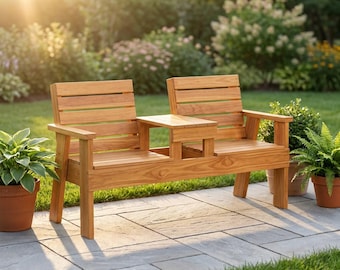 Two Seat Wood Bench Plans with Middle Table Build Plans (Digital Download) DIY 2-Seat Outdoor Bench | Woodworking Plans | Patio Furniture