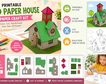 3D Paper House Craft Printable for Kids | Build a Paper Model House Color, Cut, Fold Paper Toy | Diorama & Doll House | House Template PDF