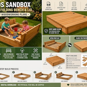 Puede incluir: Arenero de madera con bancos plegables y tapa. El arenero es rectangular y está hecho de madera de color marrón claro. La imagen muestra el arenero abierto para jugar y cerrado para proteger. Los planos incluyen medidas en pulgadas y milímetros.