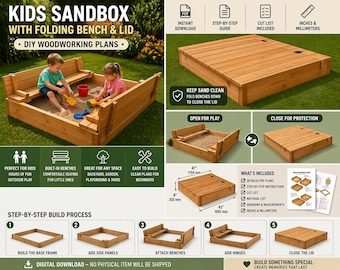Woodworking DIY Covered Sandbox Plans PDF | Kids Sandbox with Folding Bench Seats | Backyard Sandbox 47x43