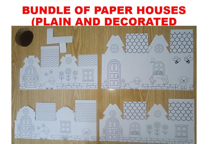 May include: A bundle of paper houses featuring plain and decorated designs. The white paper cutouts display black line art illustrations of doors, windows, flowers, sheep, bees, birds, cats, and dogs, along with roof patterns like shingles and zigzags.