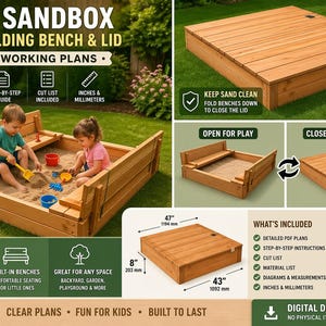 May include: Wooden sandbox with folding benches and lid. The sandbox is shown open for play and closed for protection. The dimensions are 47 inches long, 43 inches wide, and 8 inches high. Includes woodworking plans.