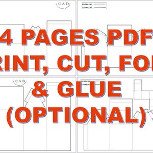 May include: A four-page PDF template featuring black line drawings for a paper craft project. The document includes folding and cutting lines, with the text 4 PAGES PDF PRINT, CUT, FOLD & GLUE (OPTIONAL) overlaid in large orange letters.