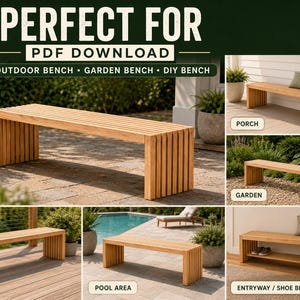 Puede incluir: Un banco de madera para exteriores con asiento de listones y soportes laterales verticales. El banco se muestra en varios entornos al aire libre, como un patio, jardín, terraza y zona de piscina. El texto de la imagen dice "PERFECT FOR" y "PDF DOWNLOAD".