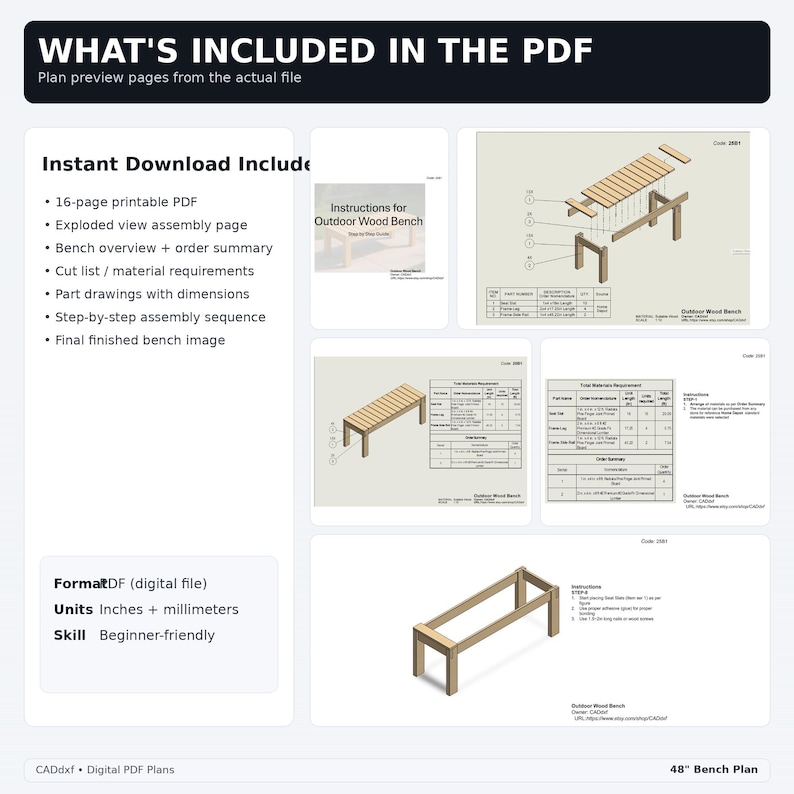 Wood Bench Plans PDF | DIY Outdoor Wooden Bench | Garden Bench ...