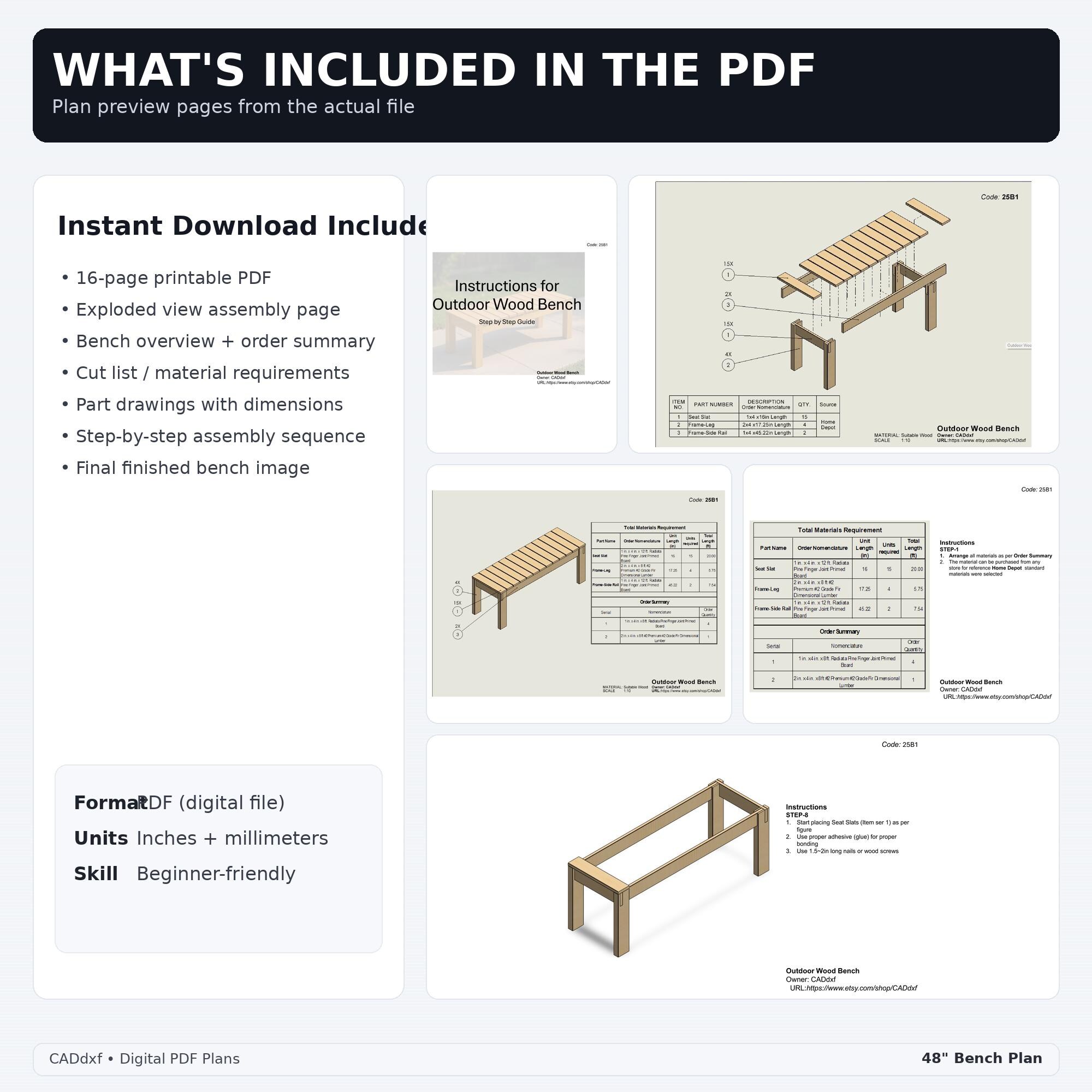 DIY Outdoor Bench Plans PDF (48") | Wooden Patio Bench | Step-by-step ...