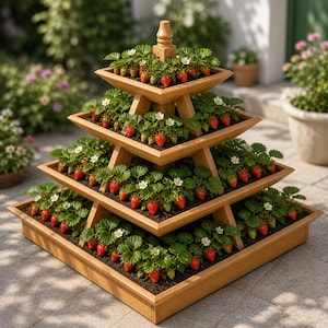 May include: A tiered wooden strawberry planter with four levels. Each level holds strawberry plants with green leaves, white flowers, and ripe red strawberries. The planter is outdoors, with a blurred background of greenery.